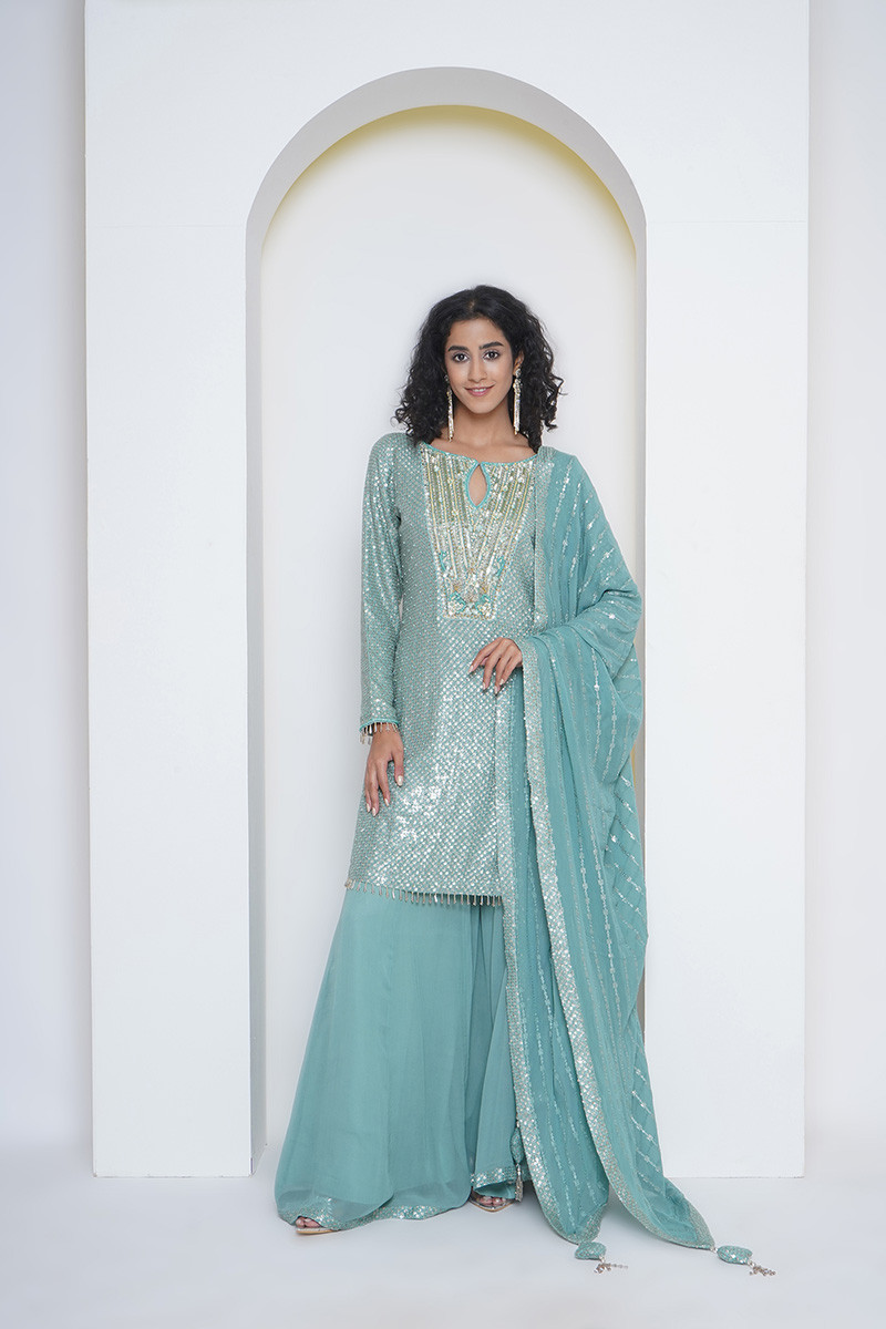Aqua blue sequinned shirt , embellished with embroidery, dupatta and sharra